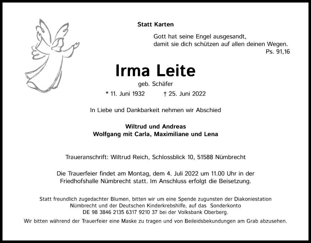  Traueranzeige für Irma Leite vom 29.06.2022 aus Kölner Stadt-Anzeiger / Kölnische Rundschau / Express