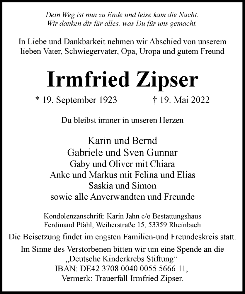  Traueranzeige für Irmfried Zipser vom 03.06.2022 aus  Schaufenster/Blickpunkt 