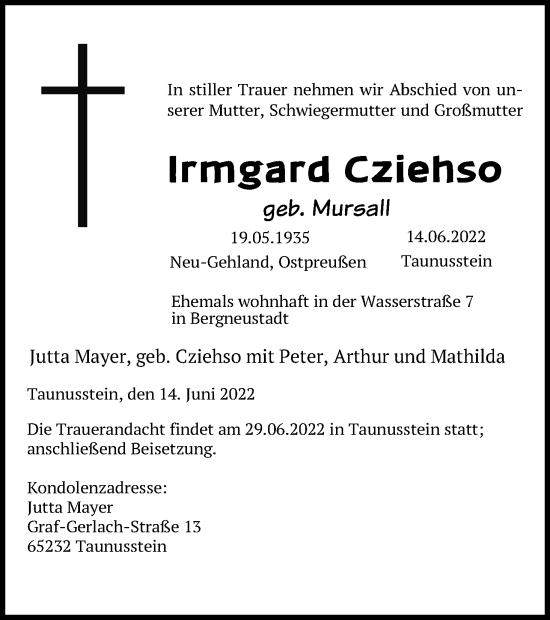 Anzeige von Irmgard Cziehso von Kölner Stadt-Anzeiger / Kölnische Rundschau / Express