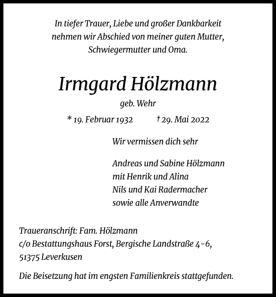Anzeige von Irmgard Hölzmann von Kölner Stadt-Anzeiger / Kölnische Rundschau / Express