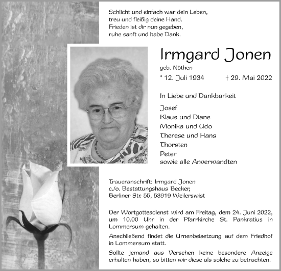 Anzeige von Irmgard Jonen von  Blickpunkt Euskirchen 