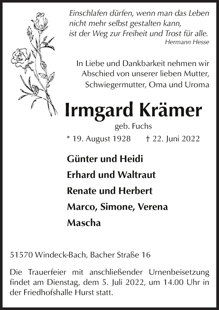  Traueranzeige für Irmgard Krämer vom 01.07.2022 aus  Lokalanzeiger 