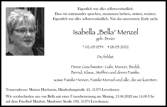 Anzeige von Isabella Menzel von Kölner Stadt-Anzeiger / Kölnische Rundschau / Express