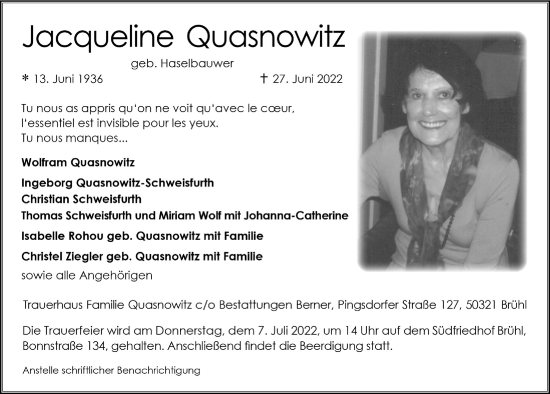 Anzeige von Jacqueline Quasnowitz von  Schlossbote/Werbekurier 