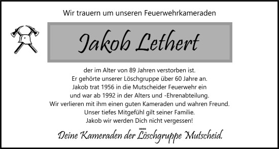 Anzeige von Jakob Lethert von  Blickpunkt Euskirchen 