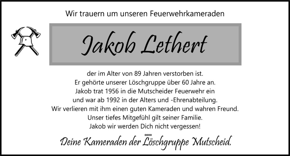  Traueranzeige für Jakob Lethert vom 18.06.2022 aus  Blickpunkt Euskirchen 