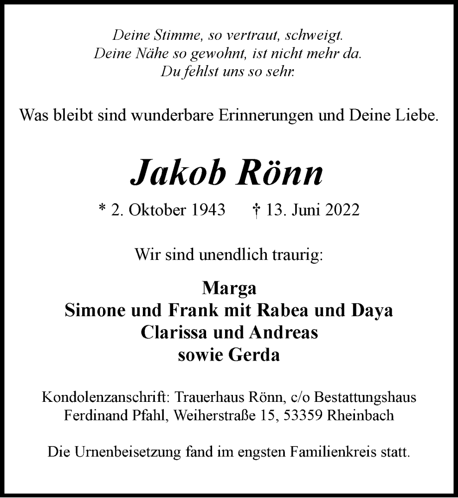 Traueranzeigen von Jakob Rönn | WirTrauern