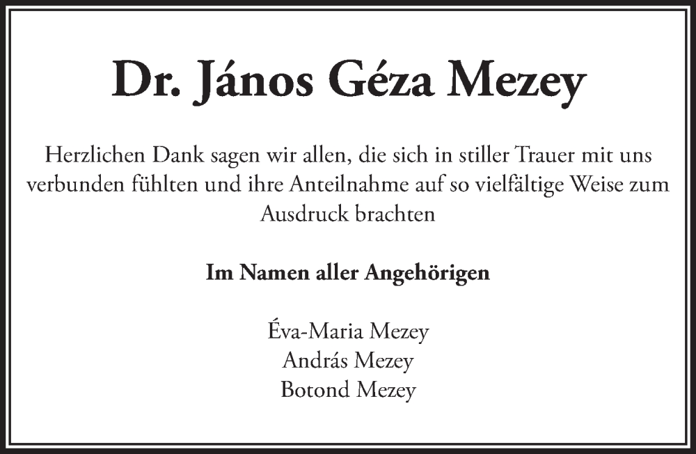  Traueranzeige für Janos Geza Mezey vom 17.06.2022 aus  Schlossbote/Werbekurier 