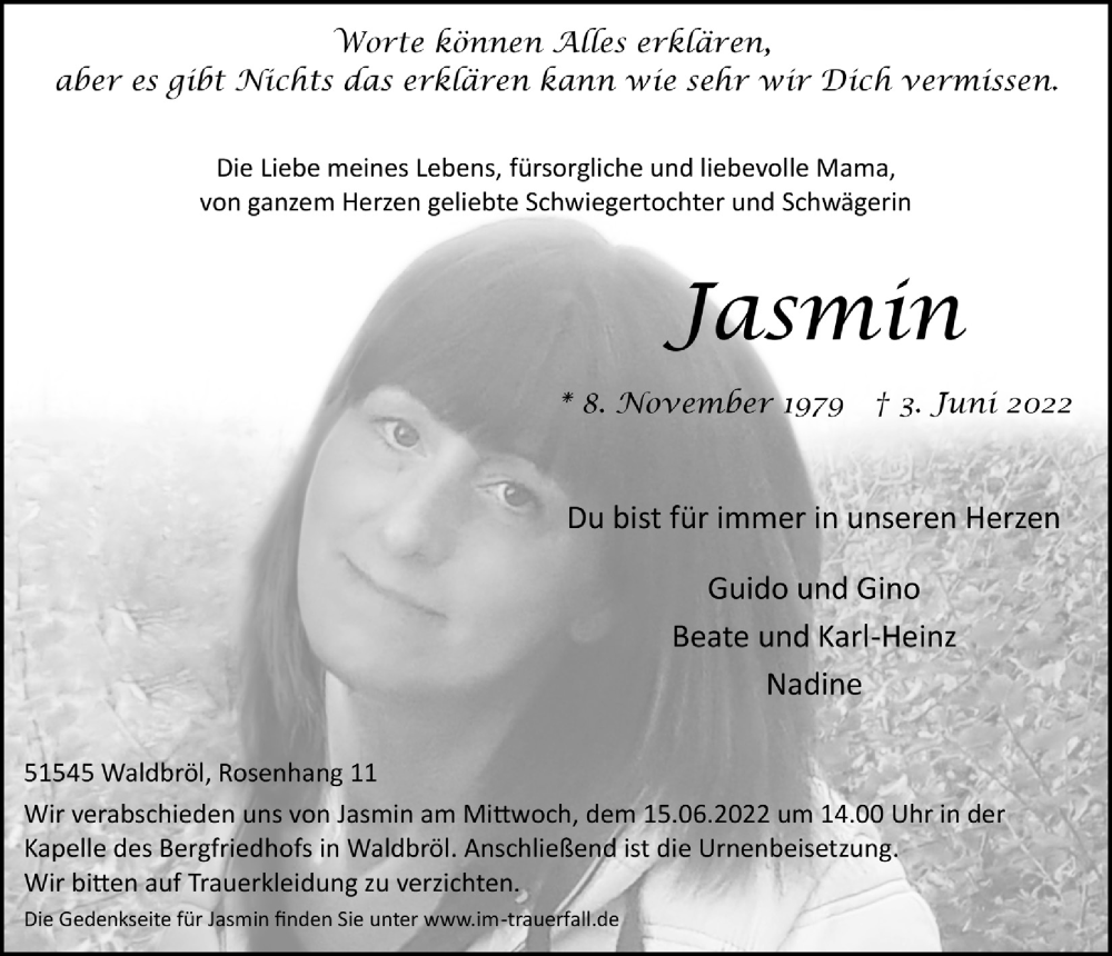  Traueranzeige für Jasmin  vom 10.06.2022 aus  Lokalanzeiger 