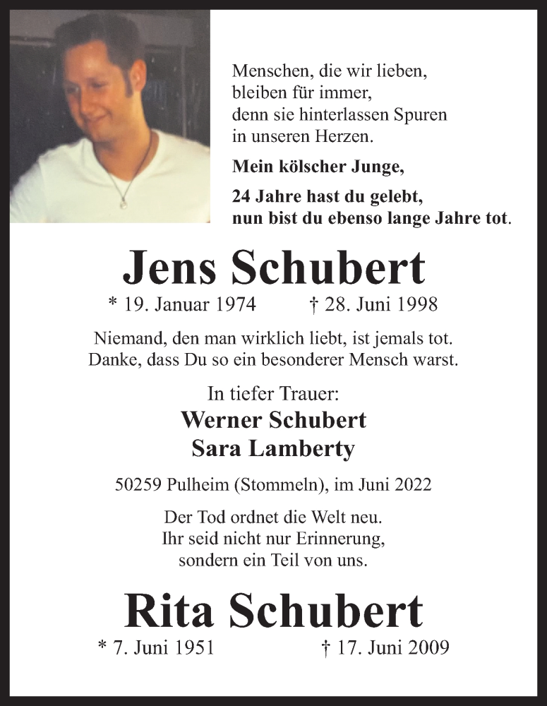  Traueranzeige für Jens Schubert vom 28.06.2022 aus Kölner Stadt-Anzeiger / Kölnische Rundschau / Express
