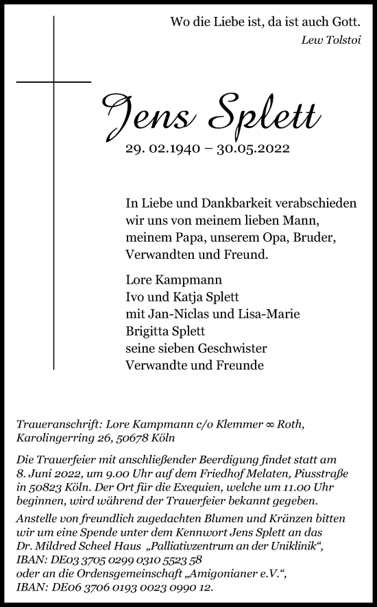 Anzeige von Jens Splett von Kölner Stadt-Anzeiger / Kölnische Rundschau / Express