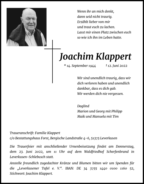 Anzeige von Joachim Klappert von Kölner Stadt-Anzeiger / Kölnische Rundschau / Express
