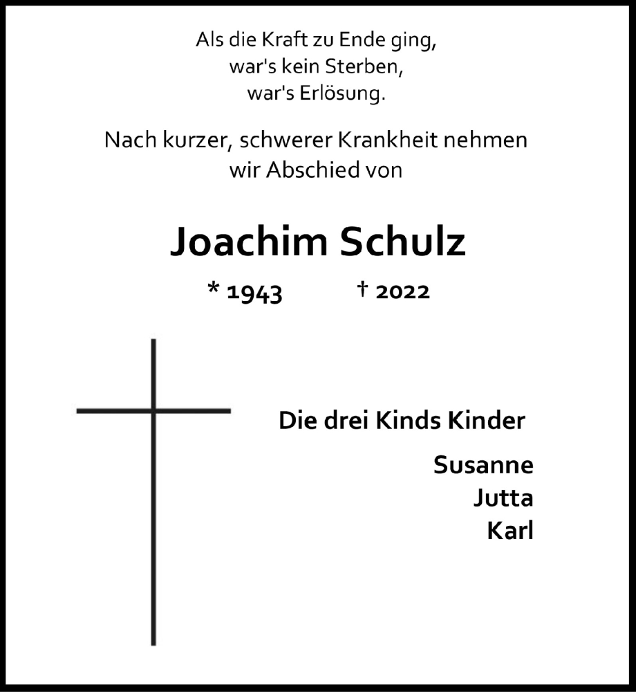  Traueranzeige für Joachim Schulz vom 01.07.2022 aus  Anzeigen Echo 