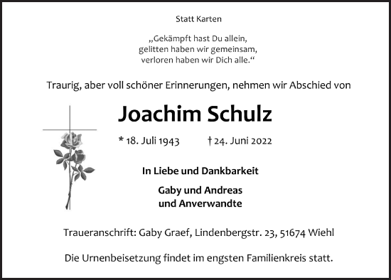 Anzeige von Joachim Schulz von  Anzeigen Echo 