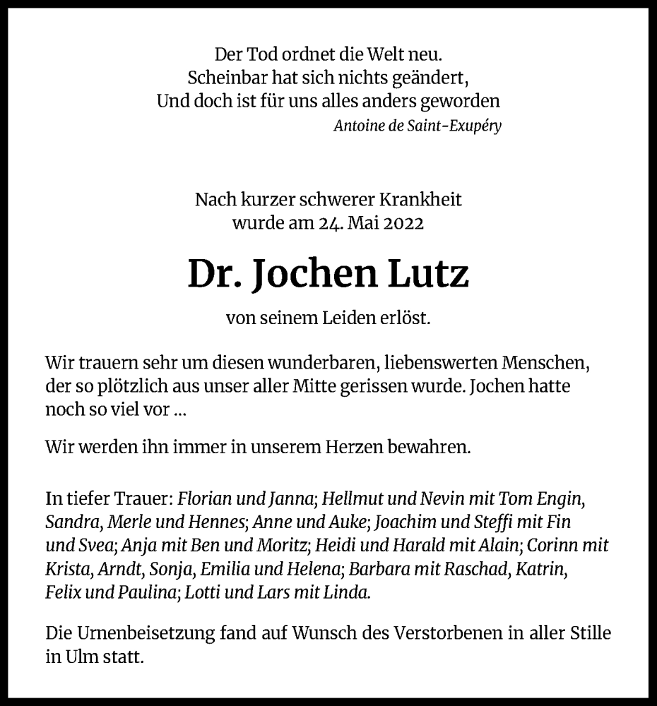  Traueranzeige für jochen lutz vom 11.06.2022 aus Kölner Stadt-Anzeiger / Kölnische Rundschau / Express