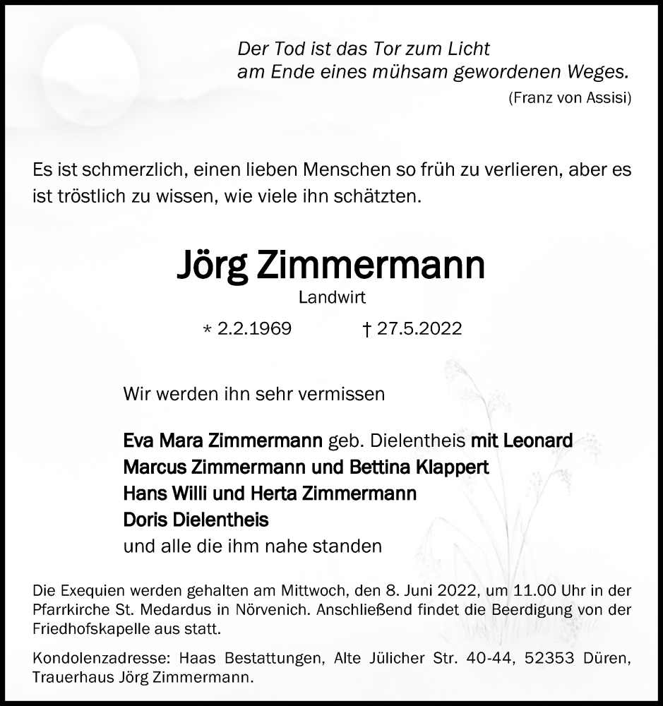  Traueranzeige für Jörg Zimmermann vom 04.06.2022 aus Kölner Stadt-Anzeiger / Kölnische Rundschau / Express