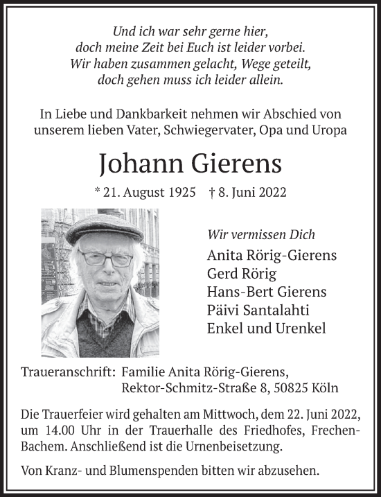 Anzeige von Johann Gierens von  Wochenende 