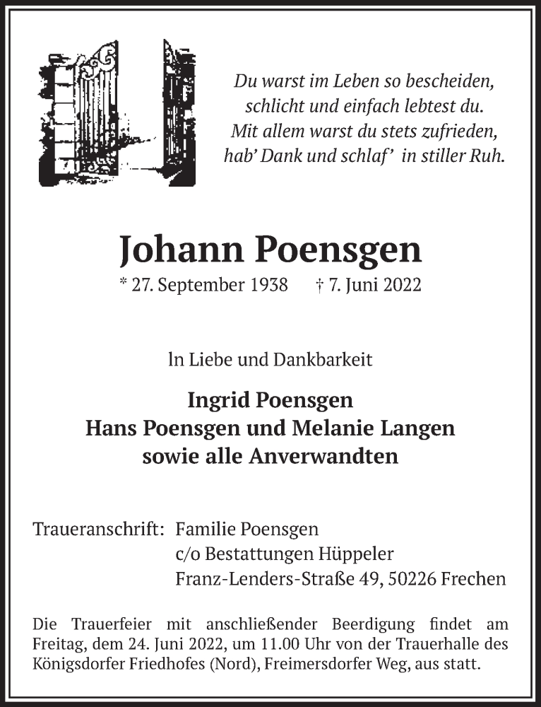  Traueranzeige für Johann Poensgen vom 17.06.2022 aus  Wochenende 
