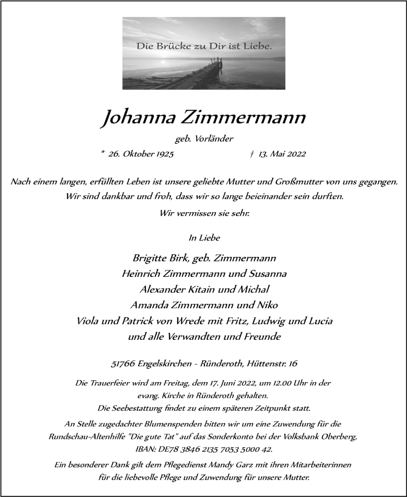  Traueranzeige für Johanna Zimmermann vom 03.06.2022 aus  Anzeigen Echo 