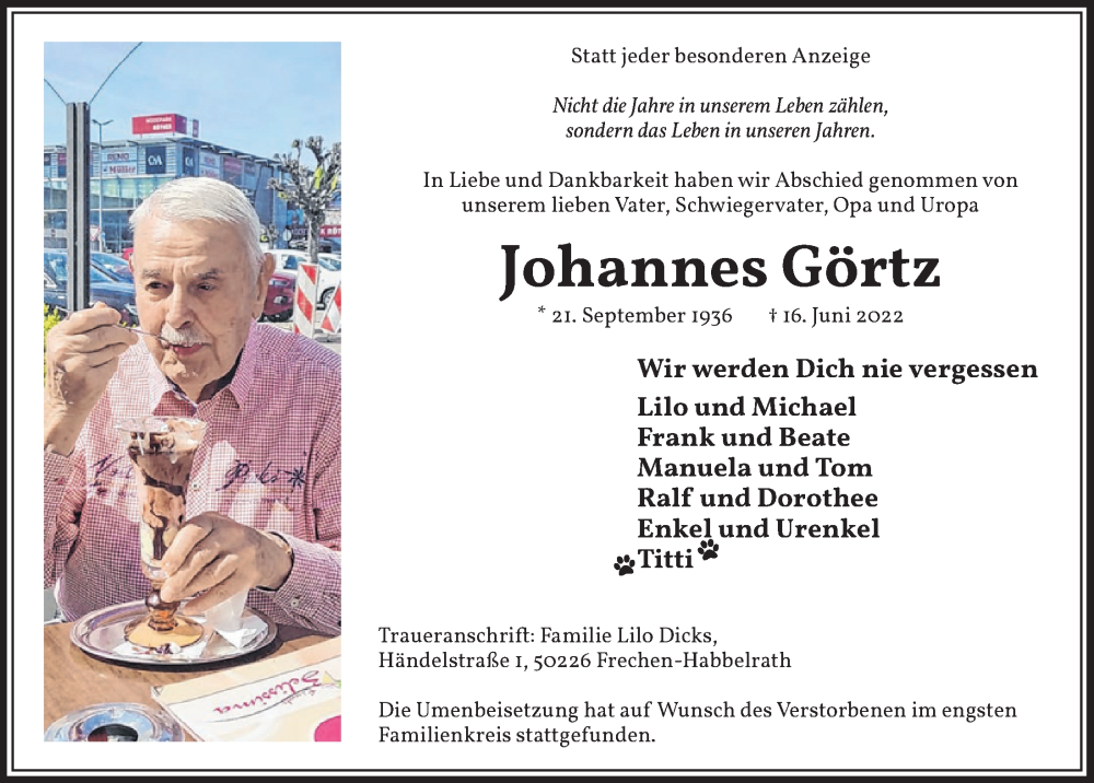  Traueranzeige für Johannes Görtz vom 24.06.2022 aus  Wochenende 