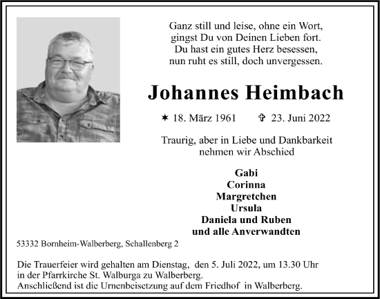 Anzeige von Johannes Heimbach von  Schlossbote/Werbekurier 