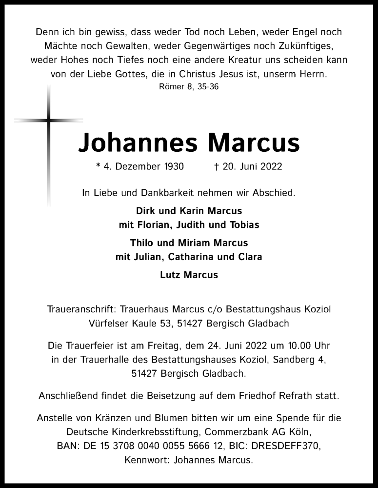  Traueranzeige für Johannes Marcus vom 23.06.2022 aus Kölner Stadt-Anzeiger / Kölnische Rundschau / Express