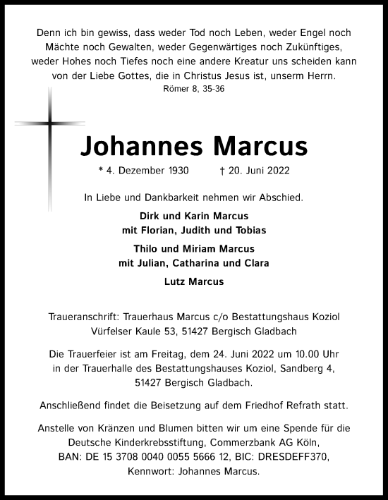 Anzeige von Johannes Marcus von Kölner Stadt-Anzeiger / Kölnische Rundschau / Express