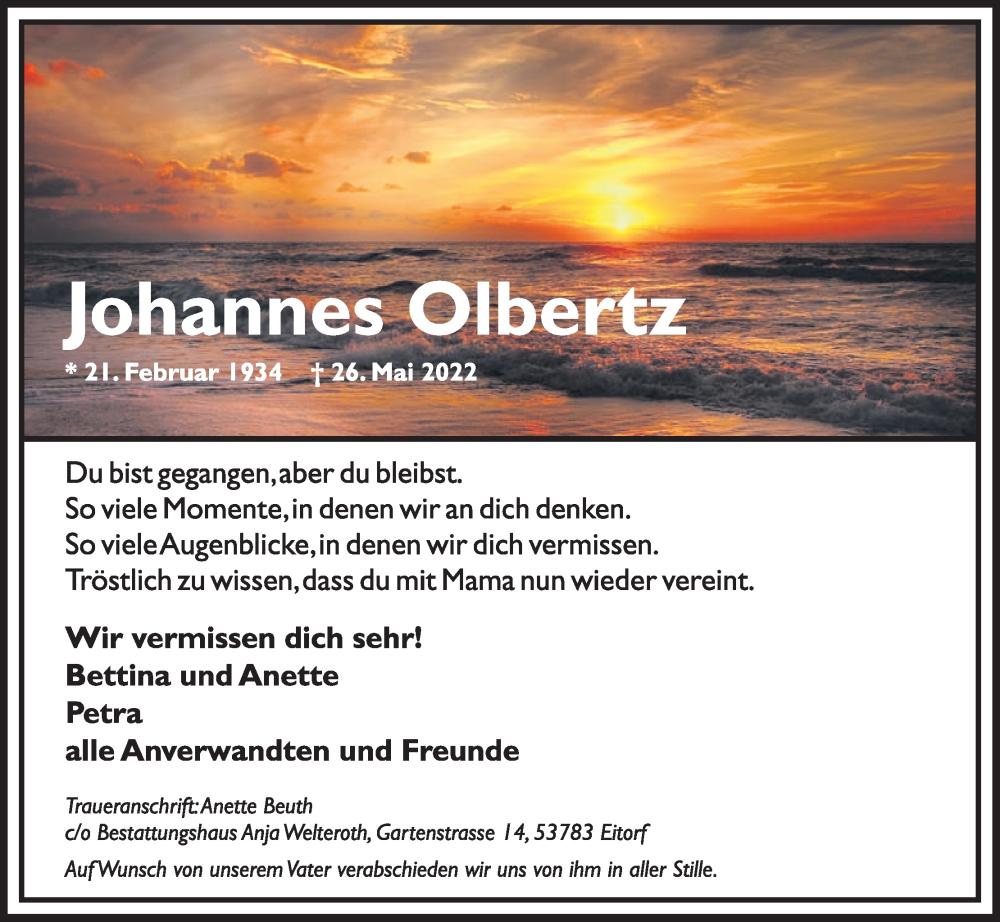  Traueranzeige für Johannes Olbertz vom 04.06.2022 aus Kölner Stadt-Anzeiger / Kölnische Rundschau / Express
