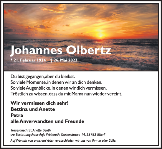 Anzeige von Johannes Olbertz von Kölner Stadt-Anzeiger / Kölnische Rundschau / Express