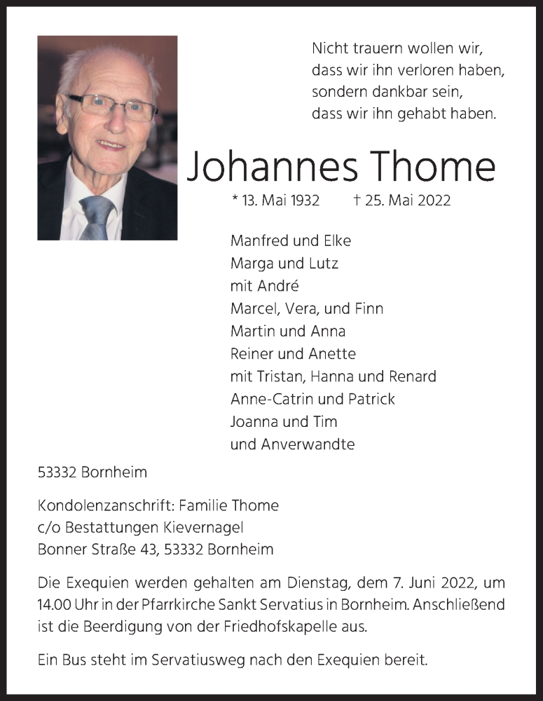  Traueranzeige für Johannes Thome vom 04.06.2022 aus Kölner Stadt-Anzeiger / Kölnische Rundschau / Express
