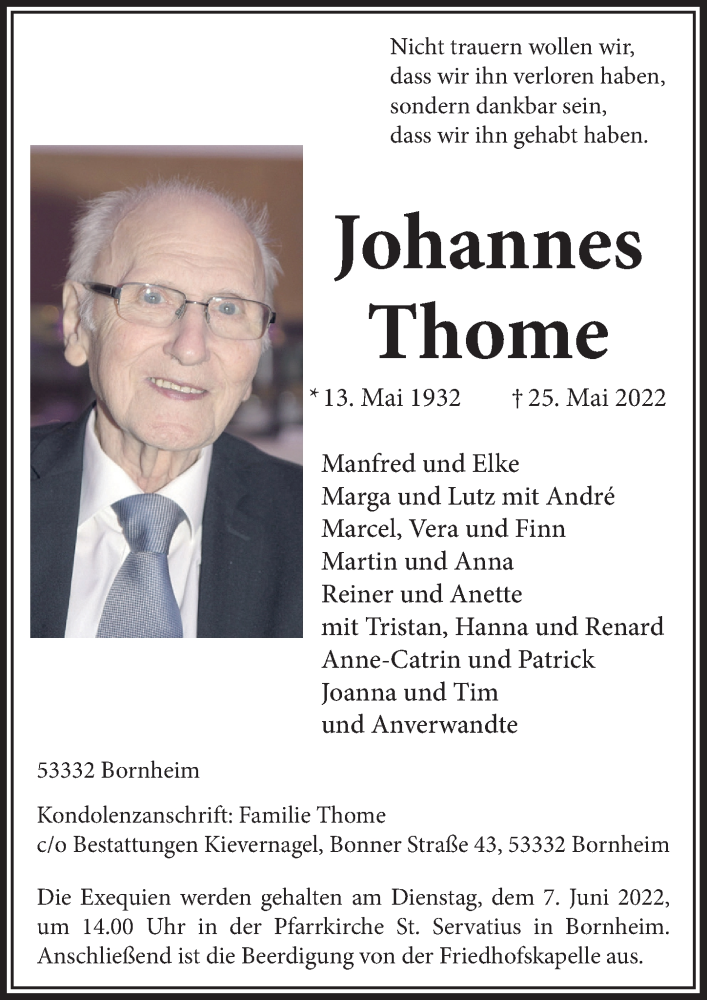  Traueranzeige für Johannes Thome vom 03.06.2022 aus  Schaufenster/Blickpunkt 