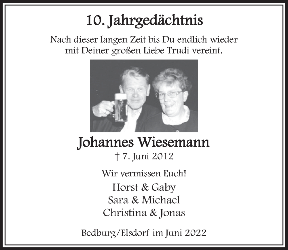  Traueranzeige für Johannes Wiesemann vom 03.06.2022 aus  Werbepost 