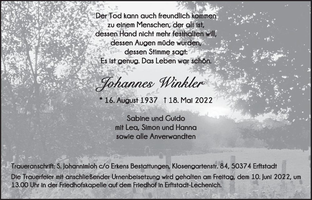  Traueranzeige für Johannes Winkler vom 03.06.2022 aus  Werbepost 