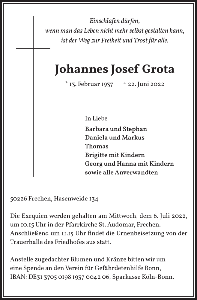 Traueranzeige für Johannes Josef Grota vom 01.07.2022 aus  Wochenende 