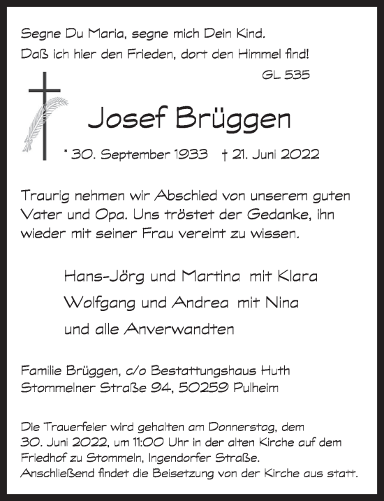 Anzeige von Josef Brüggen von  Wochenende 