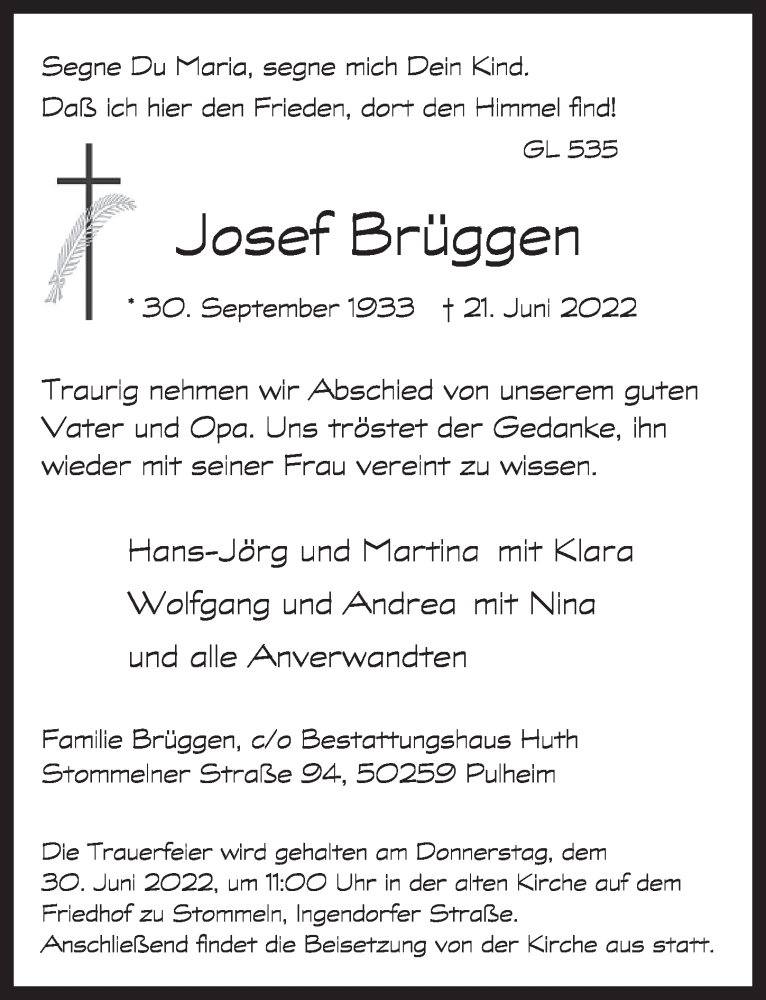  Traueranzeige für Josef Brüggen vom 24.06.2022 aus  Wochenende 