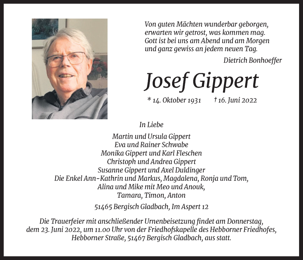 Traueranzeige für Josef Gippert vom 23.06.2022 aus Kölner Stadt-Anzeiger / Kölnische Rundschau / Express