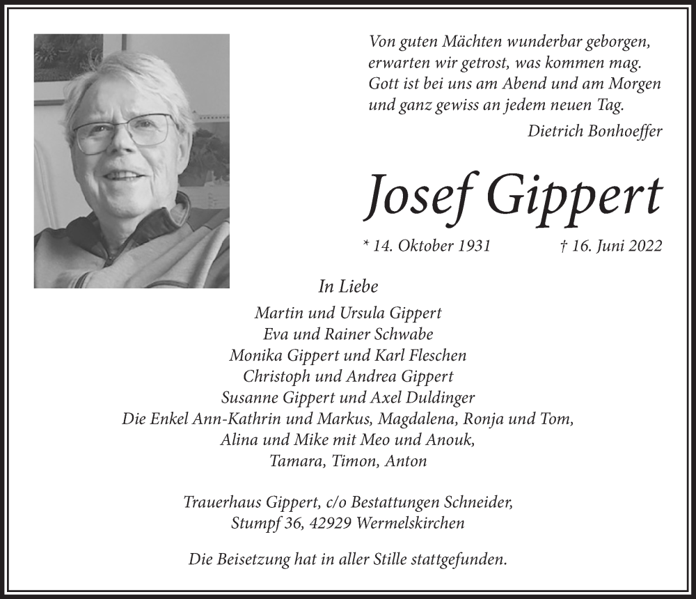  Traueranzeige für Josef Gippert vom 24.06.2022 aus  Bergisches Handelsblatt 