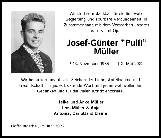 Anzeige von Josef-Günter Müller von Kölner Stadt-Anzeiger / Kölnische Rundschau / Express
