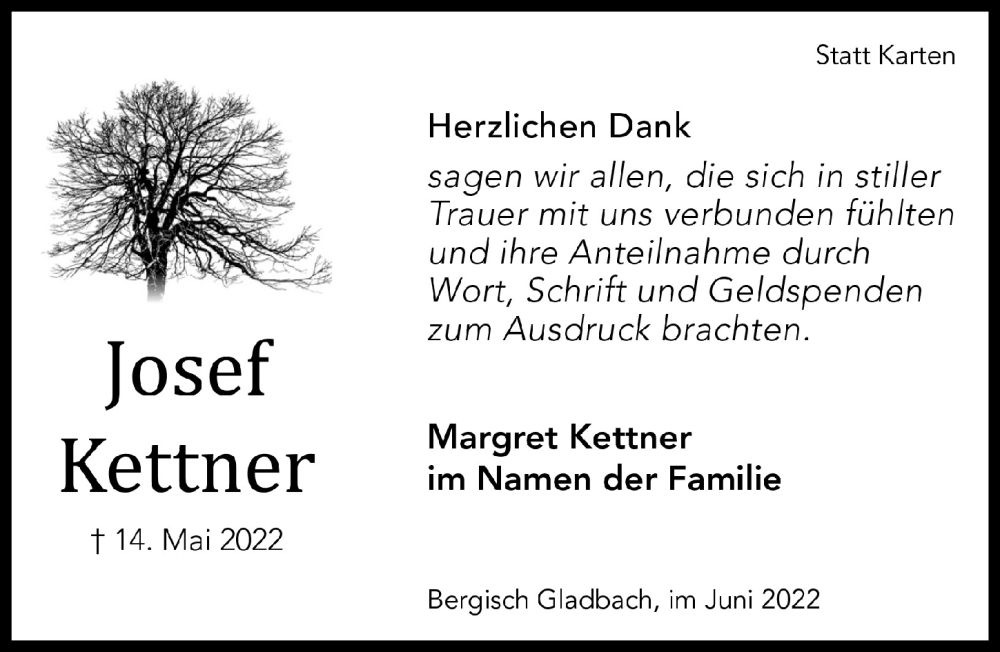  Traueranzeige für Josef Kettner vom 24.06.2022 aus  Bergisches Handelsblatt 