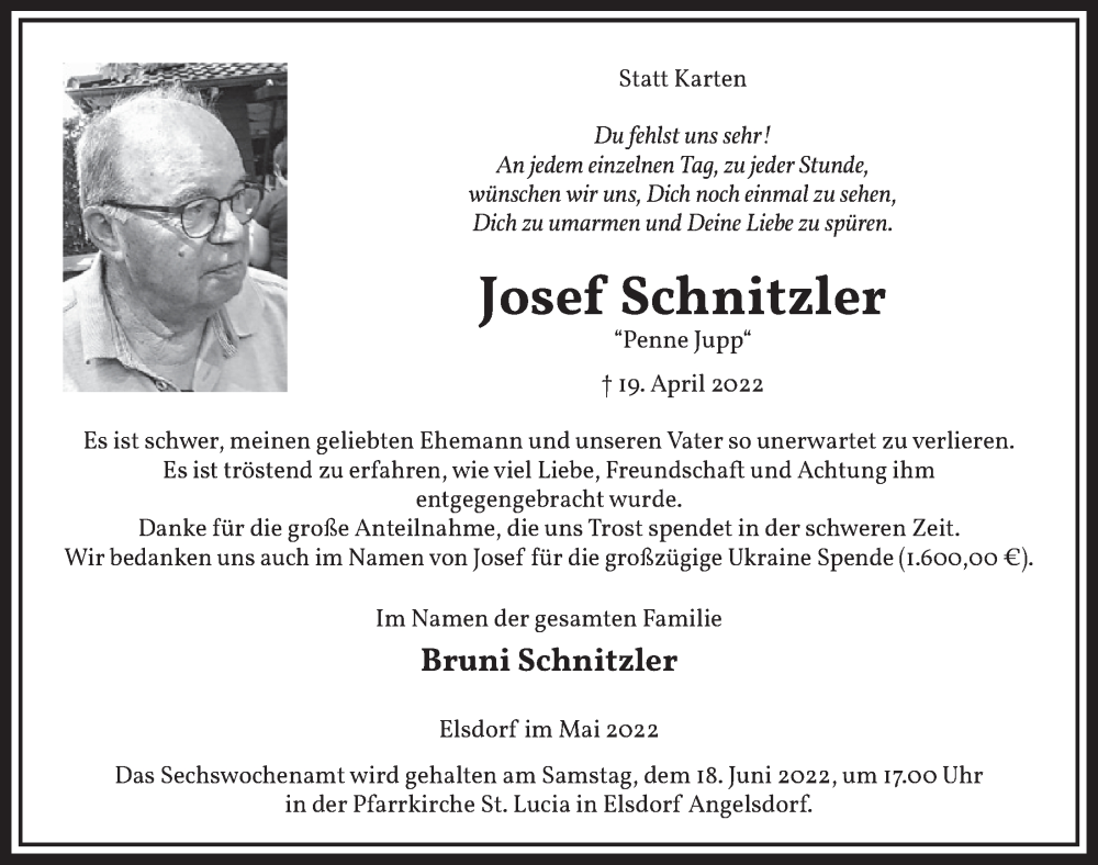  Traueranzeige für Josef Schnitzler vom 10.06.2022 aus  Werbepost 