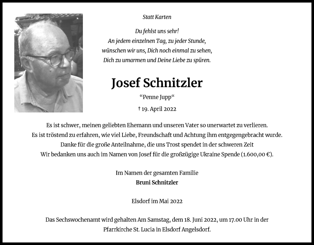  Traueranzeige für Josef Schnitzler vom 11.06.2022 aus Kölner Stadt-Anzeiger / Kölnische Rundschau / Express