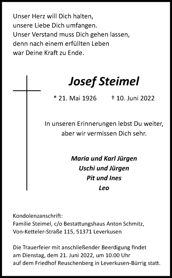 Anzeige von Josef Steimel von Kölner Stadt-Anzeiger / Kölnische Rundschau / Express