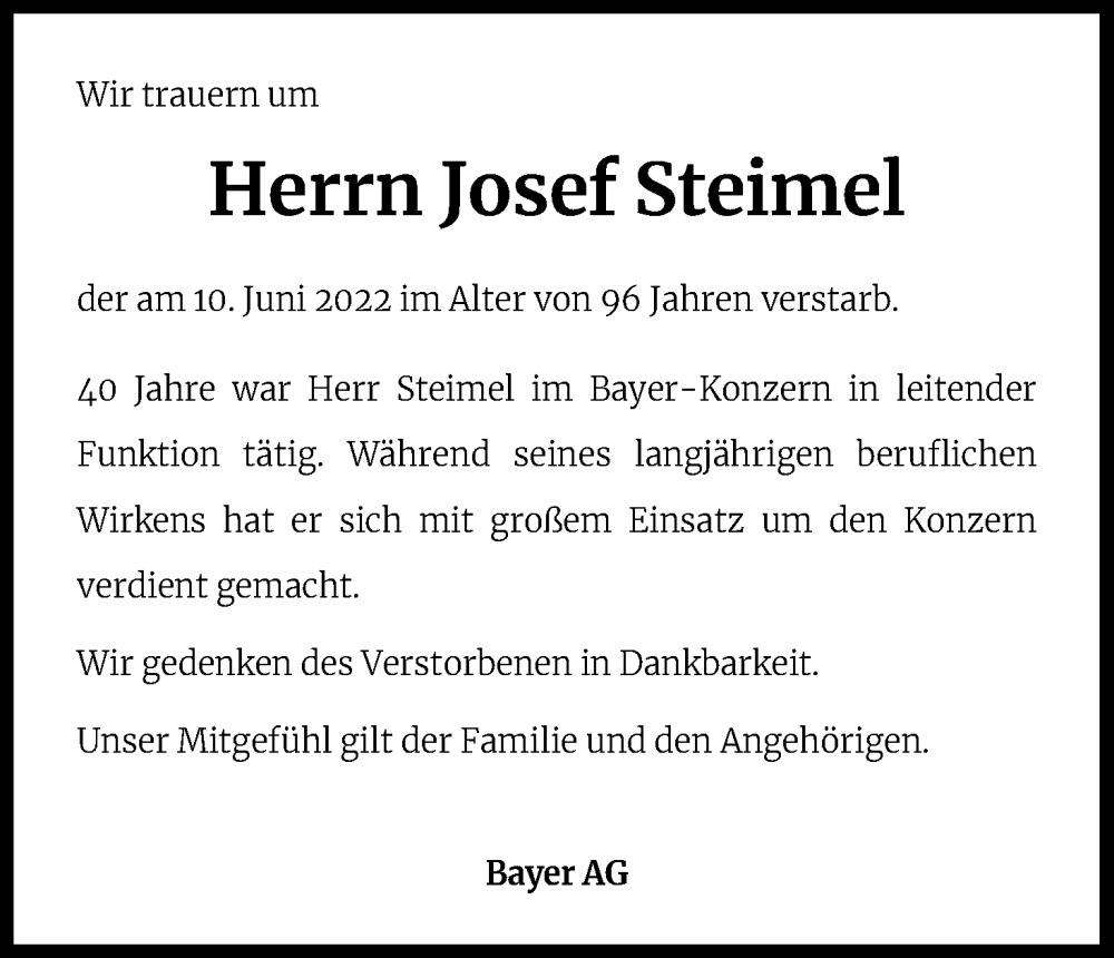  Traueranzeige für Josef Steimel vom 21.06.2022 aus Kölner Stadt-Anzeiger / Kölnische Rundschau / Express