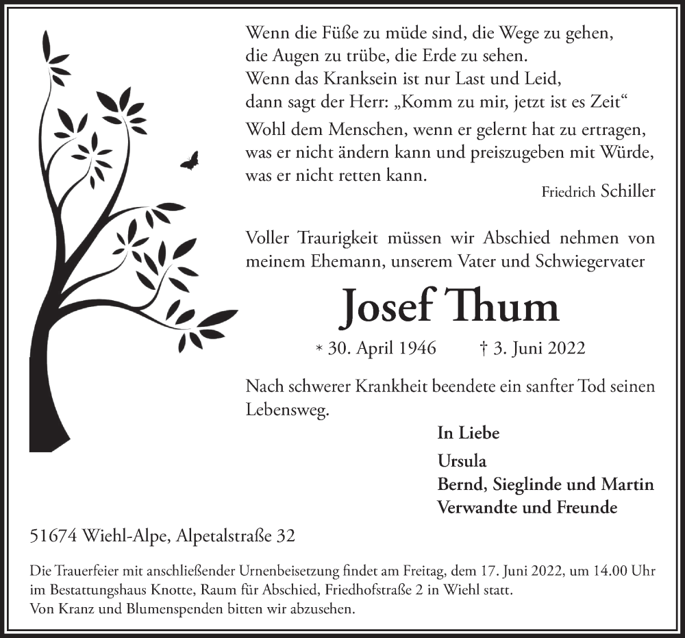 Traueranzeige für Josef Thum vom 10.06.2022 aus  Anzeigen Echo 