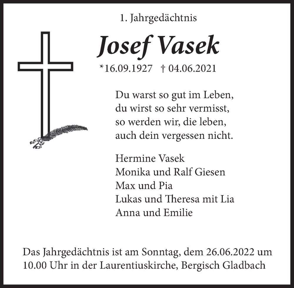  Traueranzeige für Josef Vasek vom 24.06.2022 aus  Bergisches Handelsblatt 