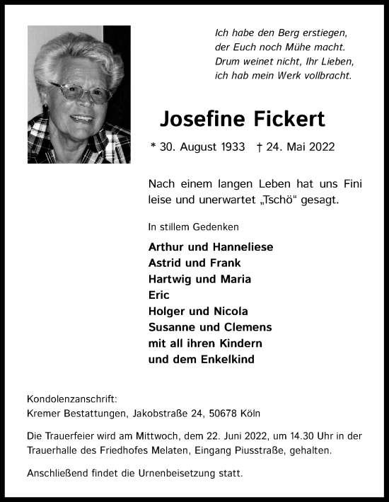 Anzeige von Josefine Fickert von Kölner Stadt-Anzeiger / Kölnische Rundschau / Express