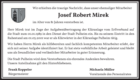 Anzeige von Josef Robert Mirek von  Wochenende 