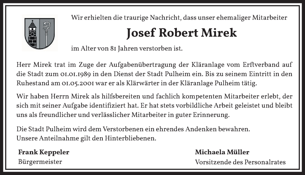  Traueranzeige für Josef Robert Mirek vom 24.06.2022 aus  Wochenende 