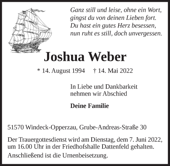 Anzeige von Joshua Weber von  Lokalanzeiger 